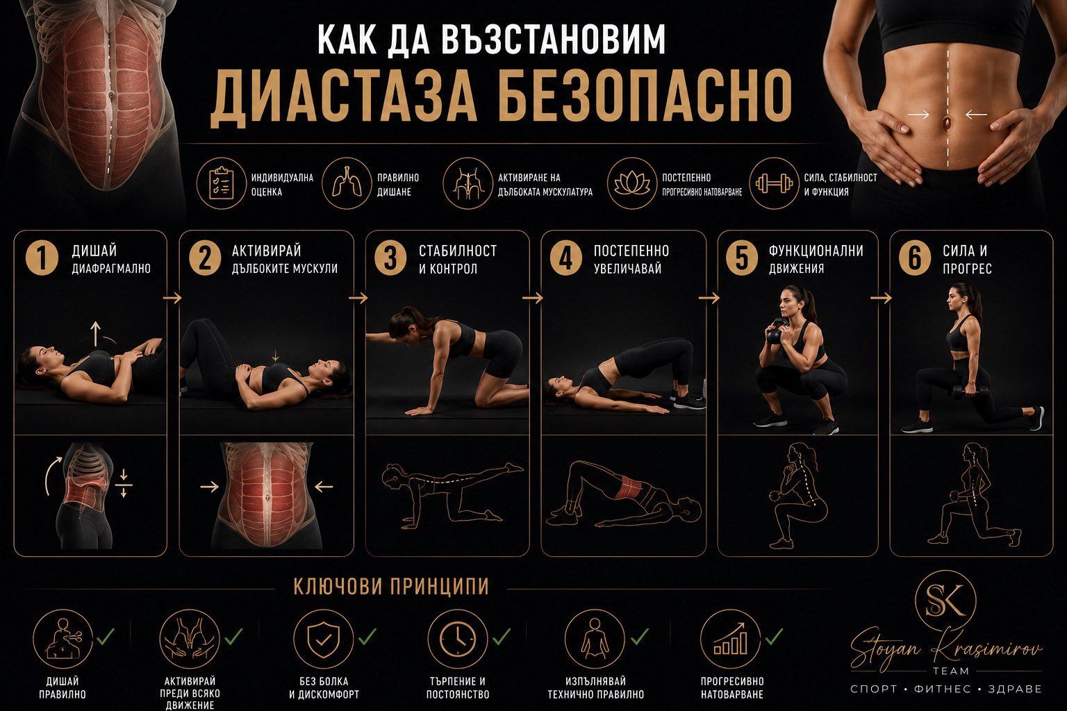 Six-step infographic on how to recover from diastasis safely — from diaphragmatic breathing to strength and progression