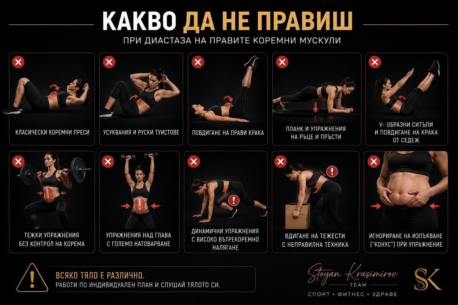Infographic: what not to do with diastasis recti — exercises to limit in the early stages